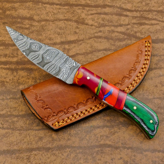 Heritage Forge Handmade Damascus Skinner Hunting Knife with Resin and Wood Handle – Custom Fixed Blade Knife