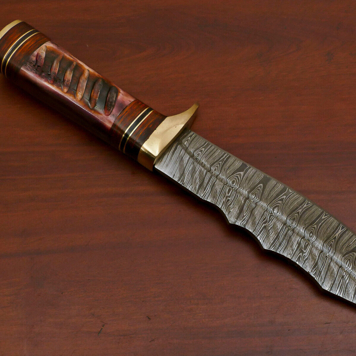 Heritage Forge Handmade Damascus Steel Bowie Hunting Knife with Camel Bone and Pakka Wood Handle