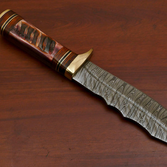 Heritage Forge Handmade Damascus Steel Bowie Hunting Knife with Camel Bone and Pakka Wood Handle