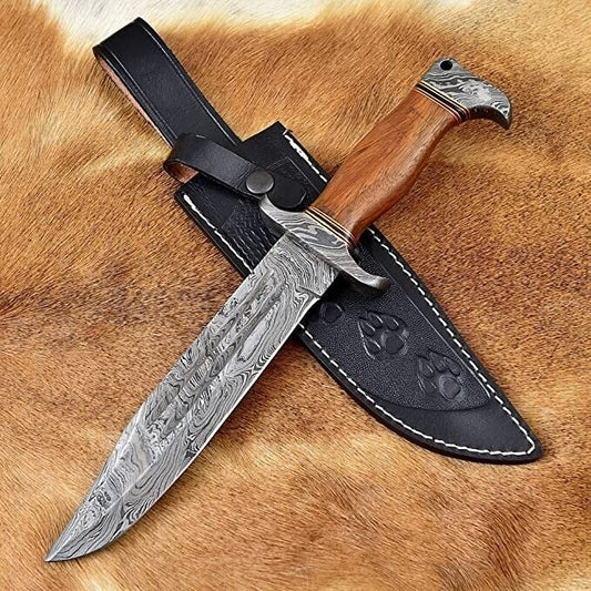 Heritage Forge Handmade Damascus Steel Bowie Hunting Knife with Wood Handle and Sheath