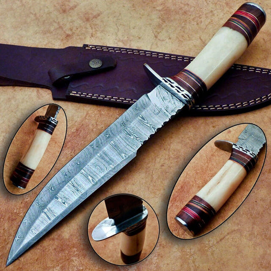 Heritage Forge Handmade Damascus Steel Bowie Knife with Camel Bone Handle for Hunting and Camping