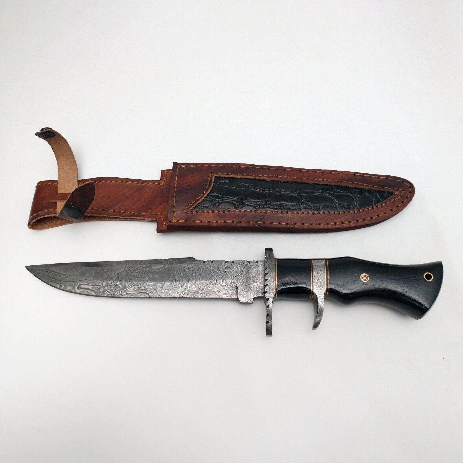 Heritage Forge Handmade Damascus Steel Bowie Knife with Rosewood Handle and Leather Sheath