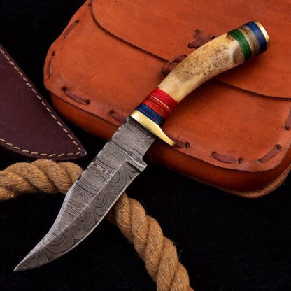Heritage Forge Handmade Damascus Steel Bowie Knife with Stag Handle for Hunting and EDC – 10 Inch