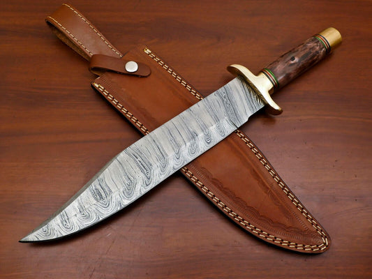Heritage Forge Handmade Damascus Steel Fixed Blade Bowie Hunting Knife Wood Handle