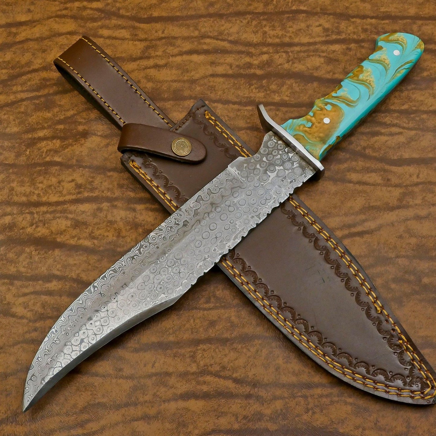 Heritage Forge Handmade Damascus Steel Full Tang Bowie Hunting Knife Wood Handle