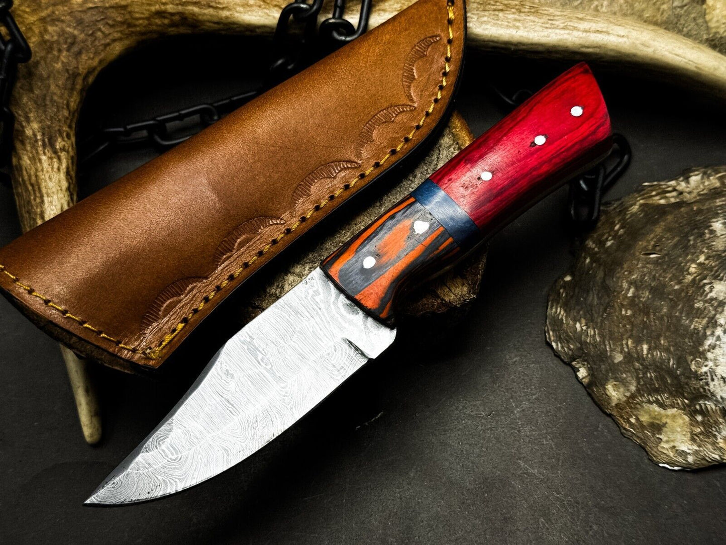 Heritage Forge Handmade Damascus Steel Hunting Knife with Wood Handle and Leather Sheath