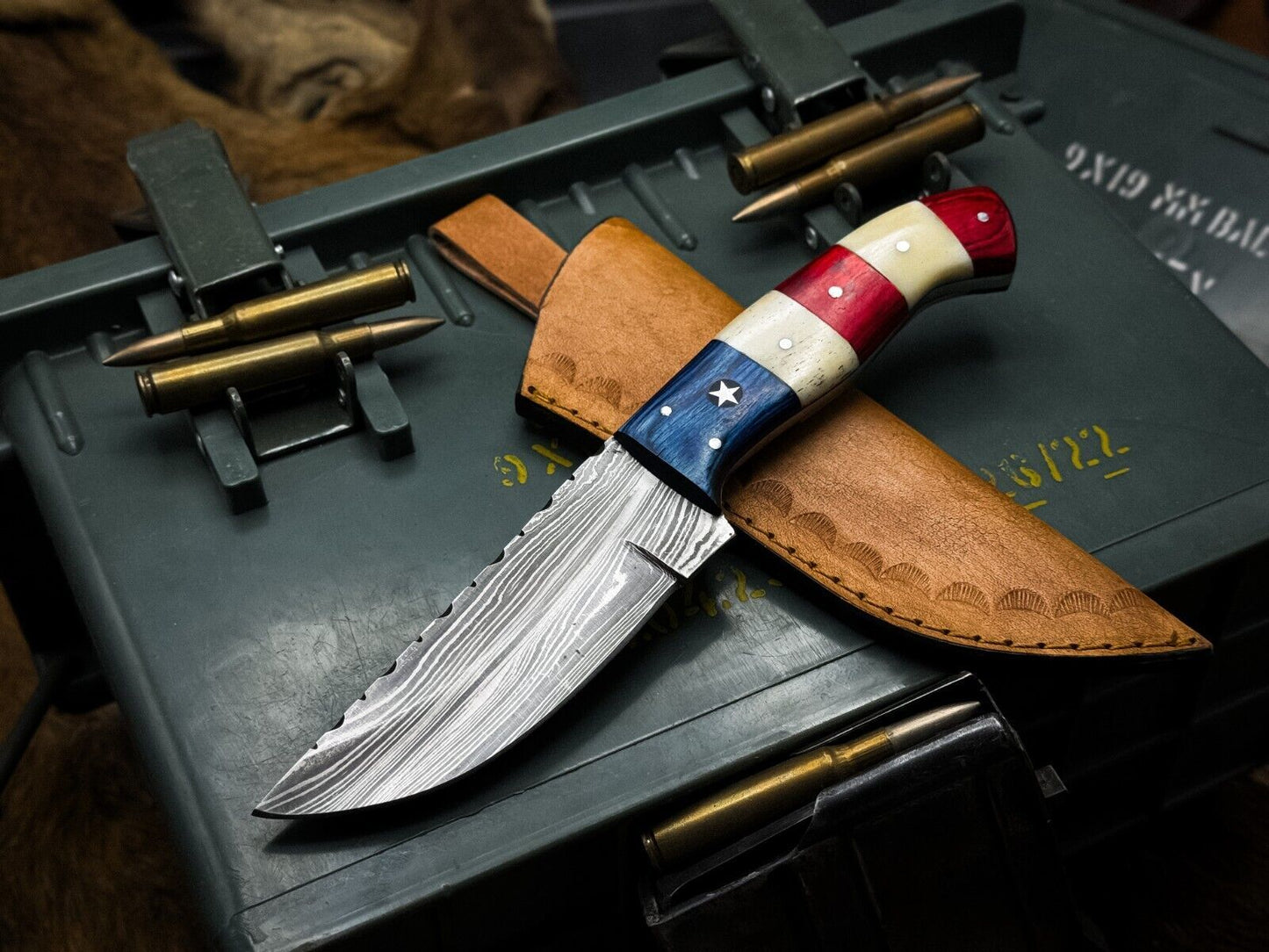 Heritage Forge Handmade Damascus Steel Hunting Knife with Wood Handle and Leather Sheath – Full Tang Clip Point Blade