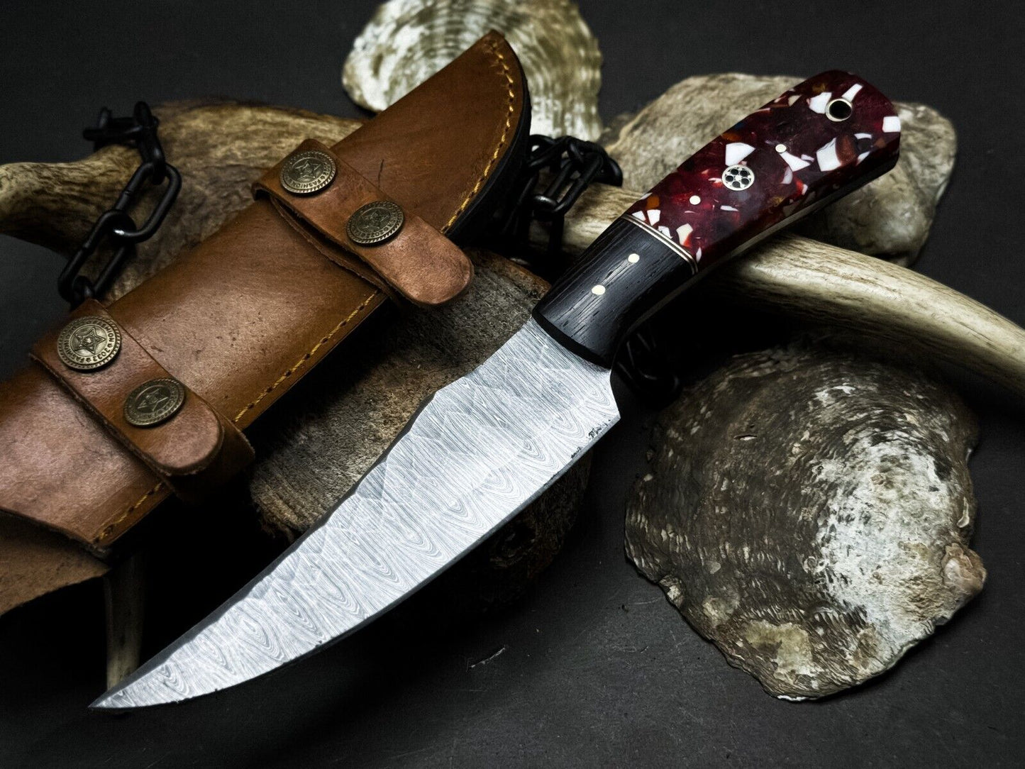 Heritage Forge Handmade Damascus Steel Survival Hunting Knife Epoxy Resin Handle with Leather Sheath