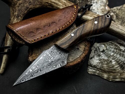 Heritage Forge Handmade Damascus Steel Survival Knife Tiger Wood Handle with Cow Leather Sheath