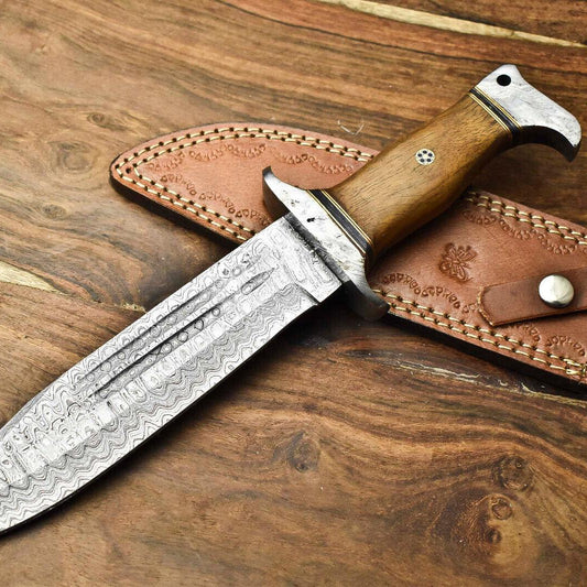 Heritage Forge Highland Crest Damascus Bowie Knife with Walnut Wood Handle