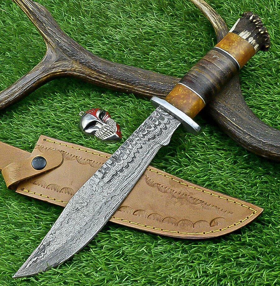 Heritage Forge Highland Stag 14 Inch Damascus Bowie Knife with Stag Resin Leather Handle