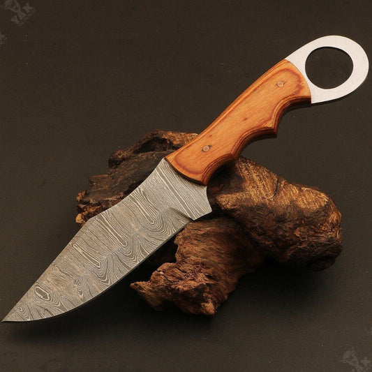Heritage Forge Ladder Pattern Damascus Hunting Knife with Wood Handle