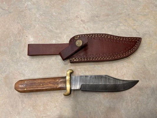 Heritage Forge Large Damascus Steel Bowie Knife Walnut Wood Handle Hunting Blade