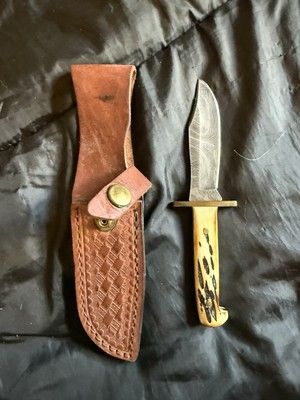 Heritage Forge Mini Damascus Hunting Knife with Fixed Blade and Leather Sheath


