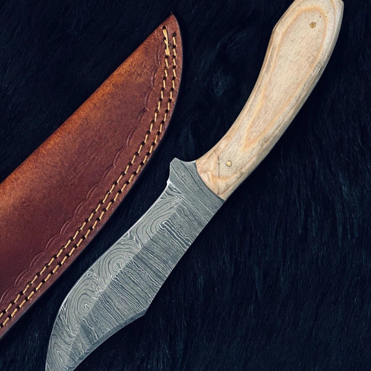 Heritage Forge 11 Inch Twist Damascus Steel Skinner Knife with Camel Bone and Wood Handle