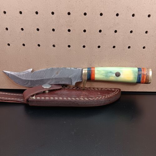 Heritage Forge Used Damascus Steel Bowie Hunting Knife with Sheath Pre-Owned