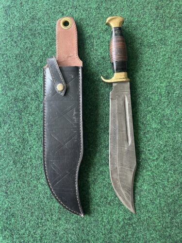 Heritage Forge Vintage 12 Inch Handmade Damascus Bowie Knife with Aged Wood Grip