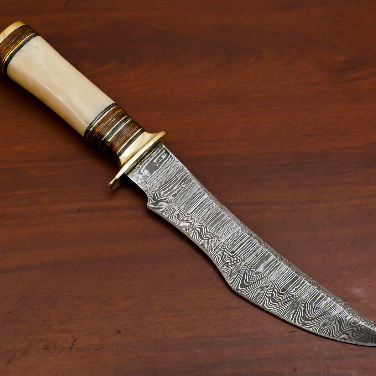Heritage Forge Wildcrest Damascus Steel Bowie Knife with Camel Bone and Pakka Wood Handle