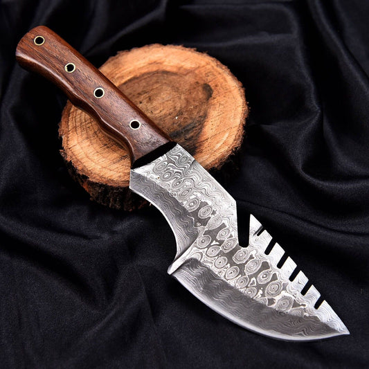 High Carbon Damascus Steel Tracker Knife – Full Tang Outdoor Survival Tool with Leather Sheath