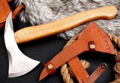High Polish Handmade Carbon Steel Tactical Hatchet Tomahawk Axe with Wood Handle and Leather Sheath