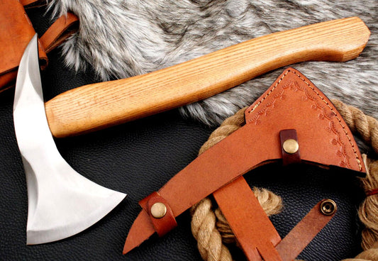 High Polish Handmade Carbon Steel Tactical Hatchet Tomahawk Axe with Wood Handle and Leather Sheath