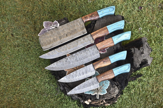 Hot Item Chef Knife Set Twist Damascus Steel with Hard Wood Handles – Lot of 5 Hiking Knives
