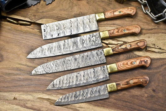 Hot Item Chef Knife Set Twist Damascus Steel with Olive Wood Handles – Lot of 5 Survival Knives