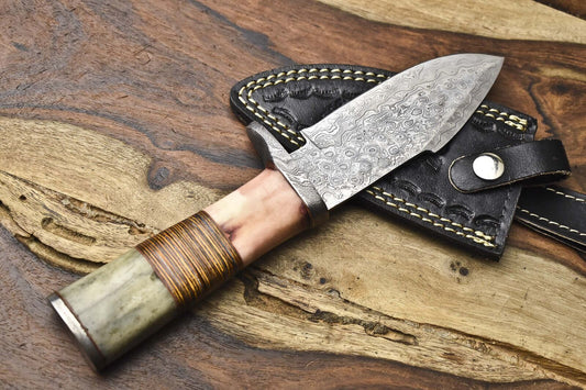 Hot Item Skinner Knife Rain Drop Damascus Camel Bone and Wood EDC with Leather Sheath

