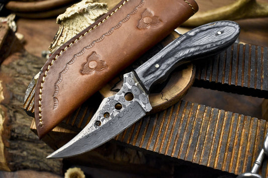 Hot Item Skinner Knife Rain Drop Damascus Hard Wood Handmade Survival Hunting Knife w/ Leather Sheath