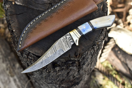 Hot Item Skinner Knife Twist Damascus Bone Brass Guard Outdoor Bushcraft w/ Leather Sheath