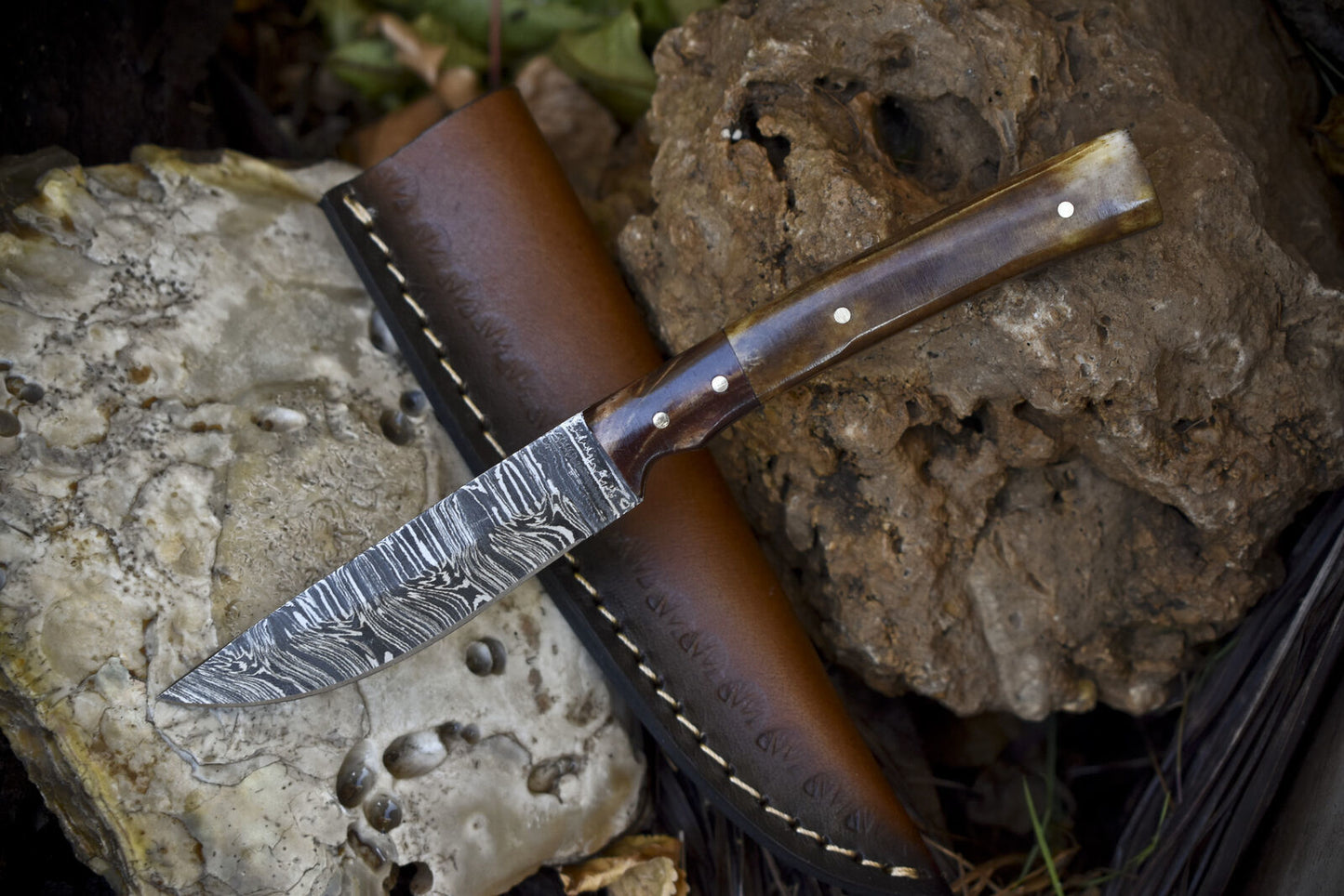 Hot Item Skinner Knife Twist Damascus Bone Micarta Bolster Hiking w/ Leather Sheath