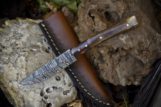 Hot Item Skinner Knife Twist Damascus Bone Micarta Bolster Hiking w/ Leather Sheath