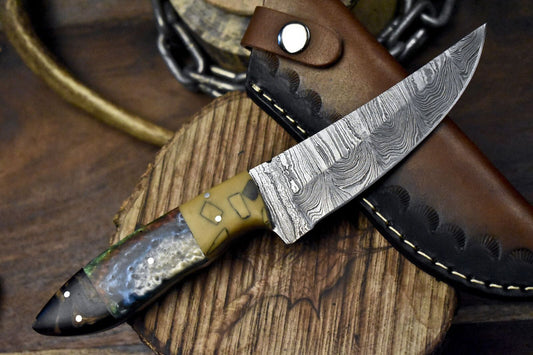 Hot Item Twist Damascus Skinner Knife with Corian Handle and Micarta Bolster – Outdoor Hunting Blade