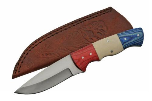 Hunting Skinner Knife | 3.5" Stainless Steel Blade | Red White Blue Bone-Wood Handle | Full Tang with Leather Sheath