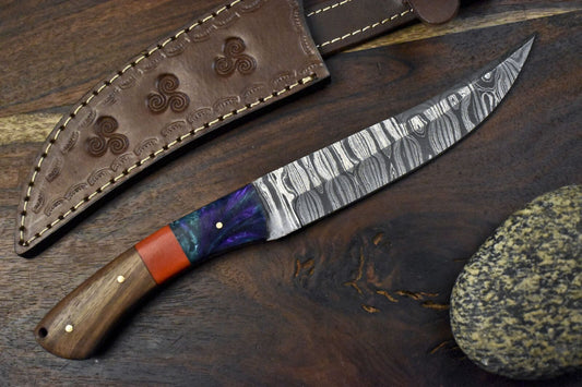Hunting Skinner Knife Twist Damascus Mixed Material with Leather Sheath