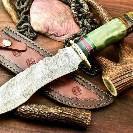 Iron Fang 13 Inch Damascus Bowie Knife | Camel Bone Handle with Leather Sheath