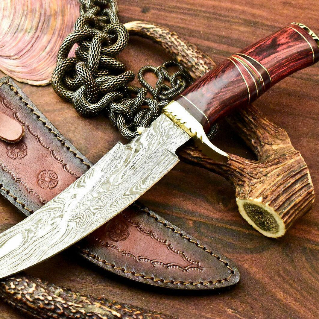 Ironwood 13 Inch Damascus Bowie Hunting Knife | Hard Wood Handle