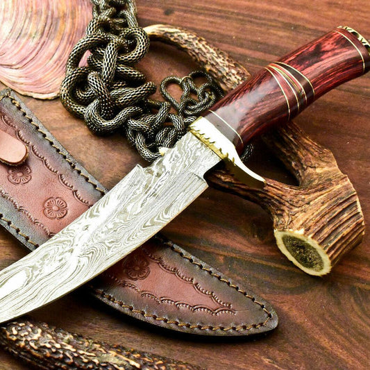 Ironwood 13 Inch Damascus Bowie Hunting Knife | Hard Wood Handle