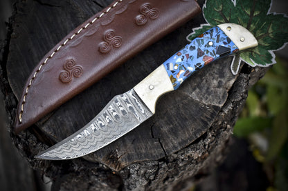 Ladder Damascus Skinner Knife – 7.5" Micarta Handle EDC Tactical Closeout