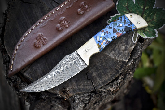 Ladder Damascus Skinner Knife – 7.5" Micarta Handle EDC Tactical Closeout