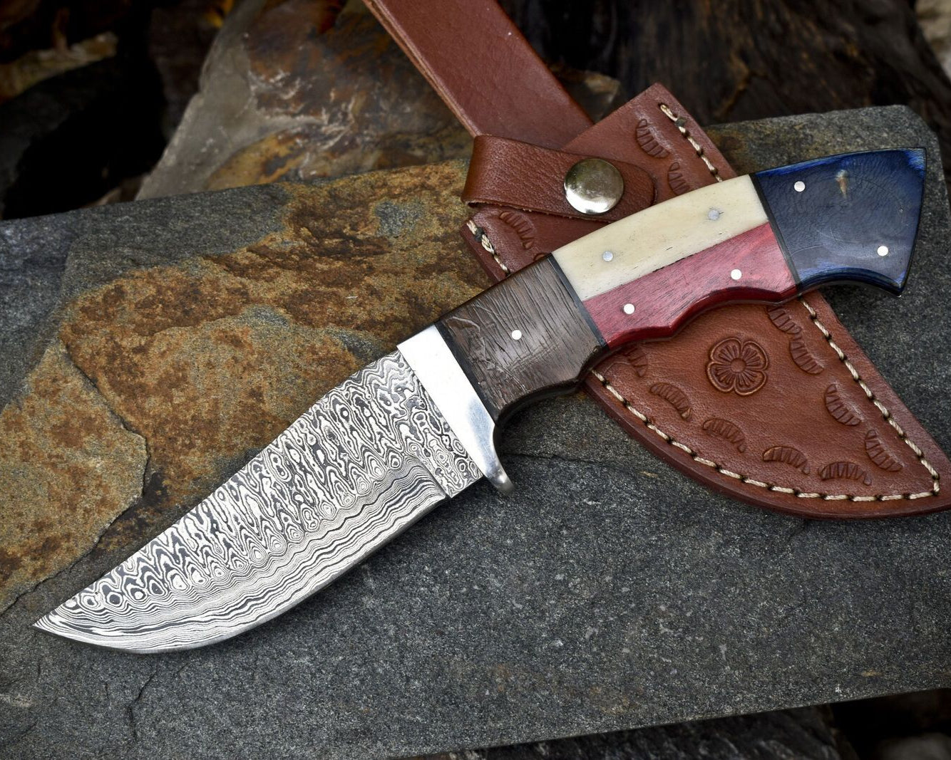 Ladder Damascus Skinner Knife Bone and Wood Handle with Steel Guard – Handmade Hunting Gift