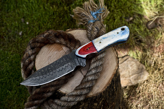 Ladder Damascus Skinner Knife with Bone Handle and Wooden Bolster for Survival and Hunting