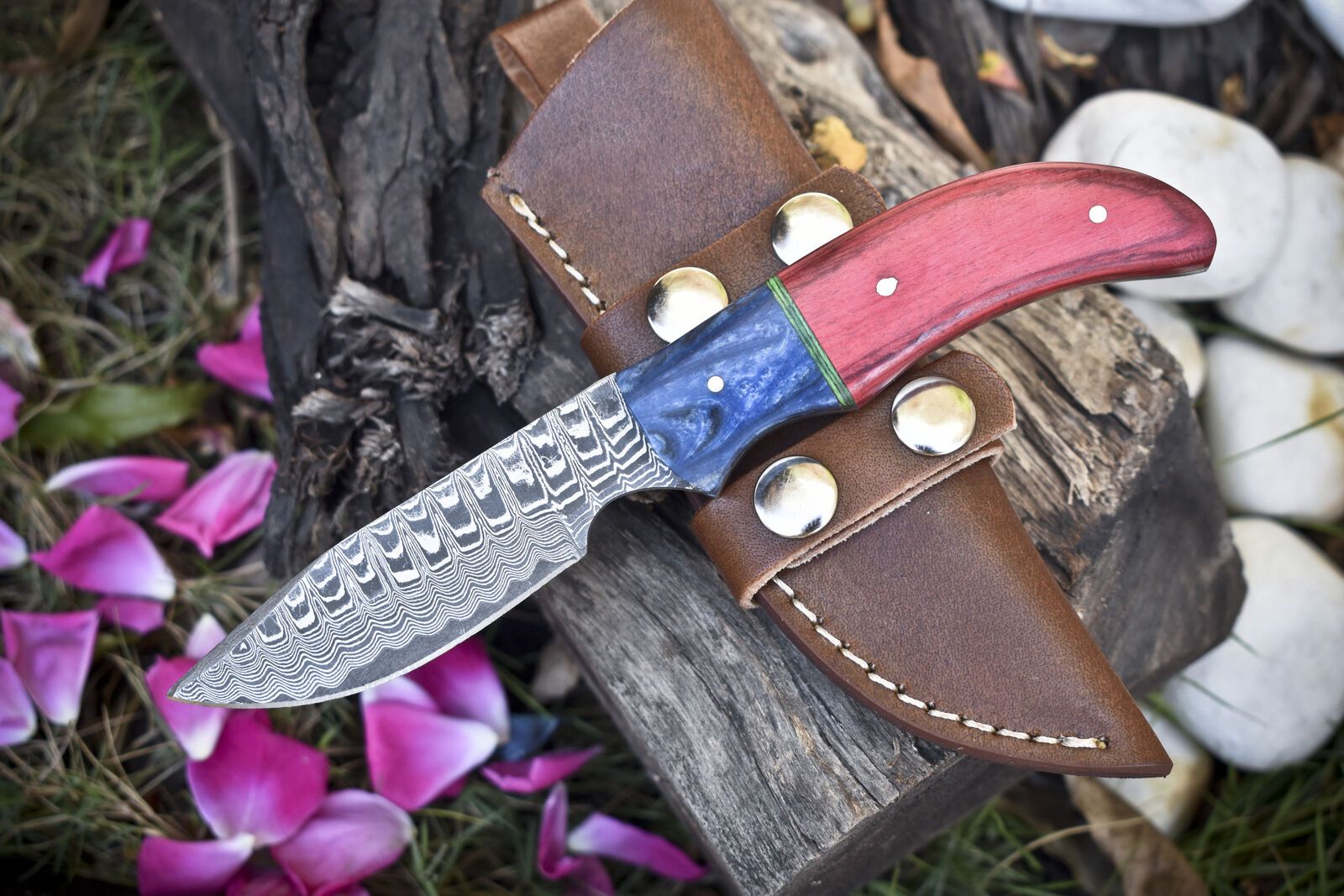 Ladder Damascus Skinner Knife with Hardwood Handle – Custom Handmade Hunting Blade