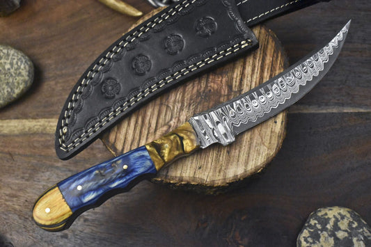 Ladder Damascus Skinner Knife with Hardwood Handle Custom Hiking Blade