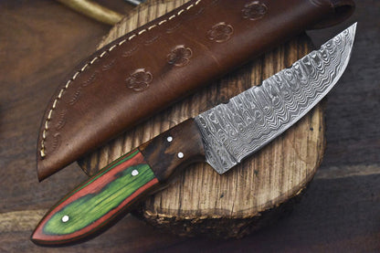 Ladder Damascus Skinner Knife with Hardwood Handle – Hand Forged EDC Hunting Blade