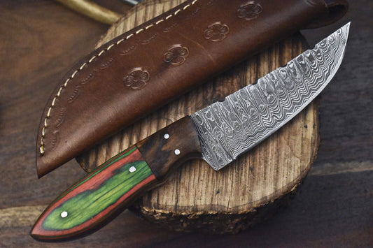 Ladder Damascus Skinner Knife with Hardwood Handle – Hand Forged EDC Hunting Blade
