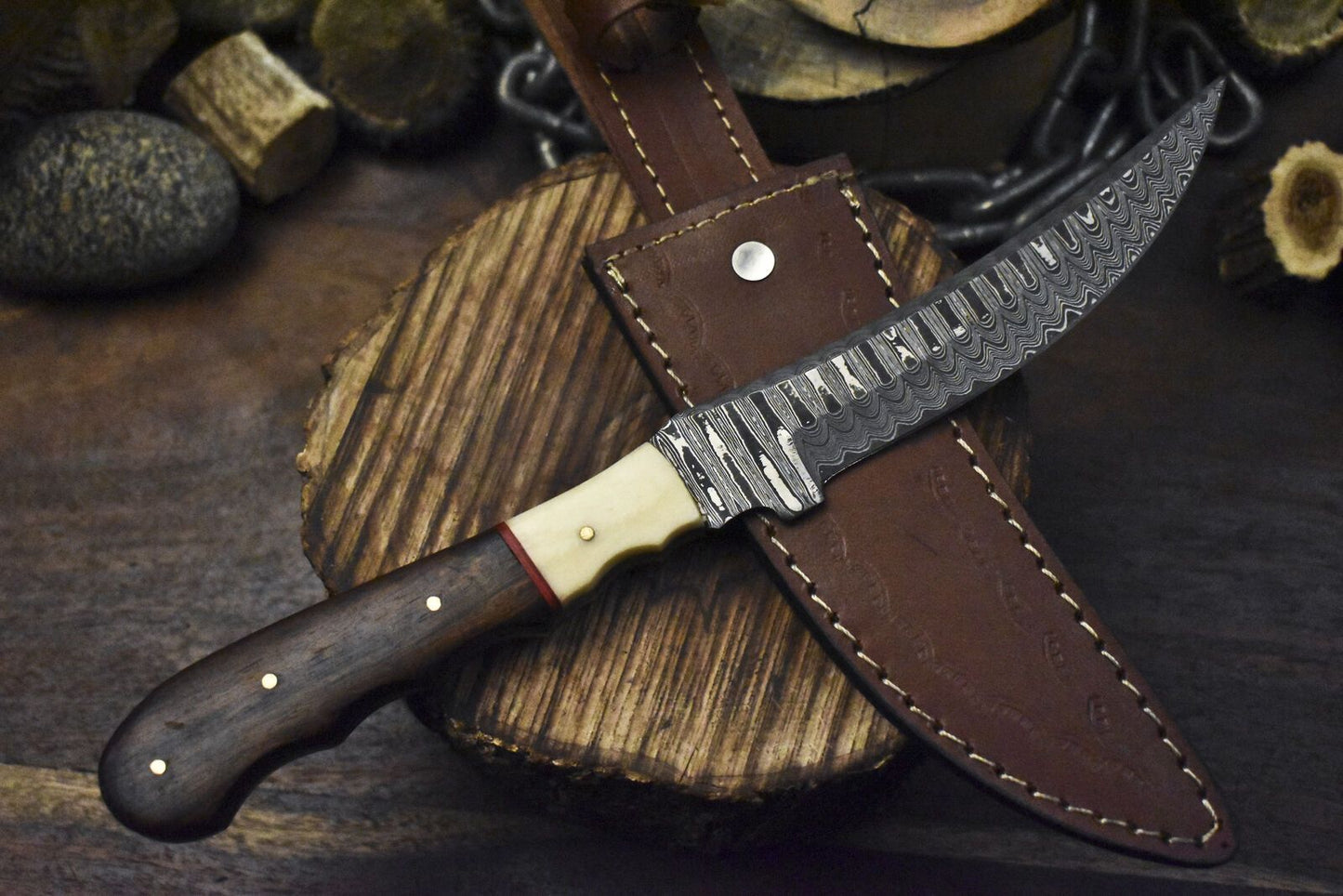 Ladder Damascus Skinner Knife with Walnut Wood Handle | Handmade EDC Fixed Blade Hunting Knife