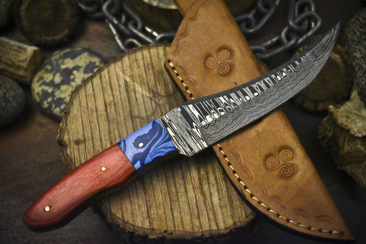 Ladder Damascus Steel Skinner Knife with Hardwood Handle and Micarta Bolster – Handmade Fixed Blade for Hunting and Hiking