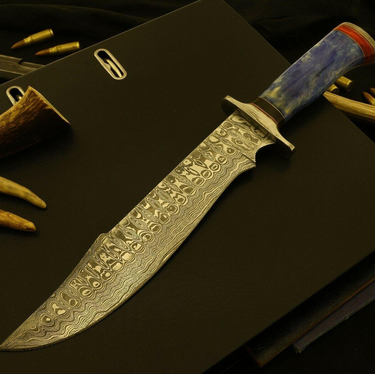 Large Damascus Steel Bowie Knife – 14 Inch Hunting Blade with Stained Bone & Pakka Wood Handle