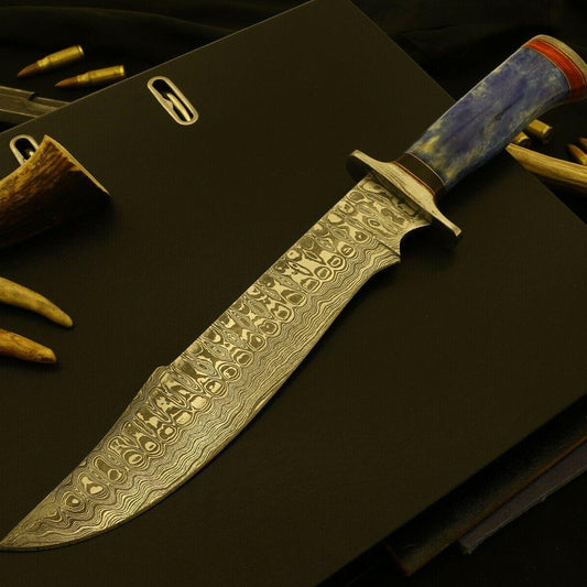 Large Damascus Steel Bowie Knife – 14 Inch Hunting Blade with Stained Bone & Pakka Wood Handle